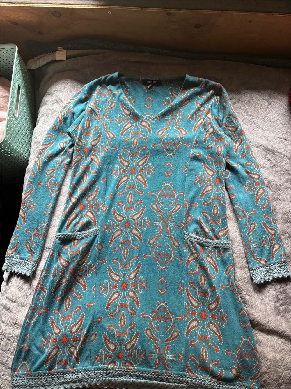 Made in Nepal Turquoise Paisley Boho Tunic Top Soft Artisan Long Sleeve